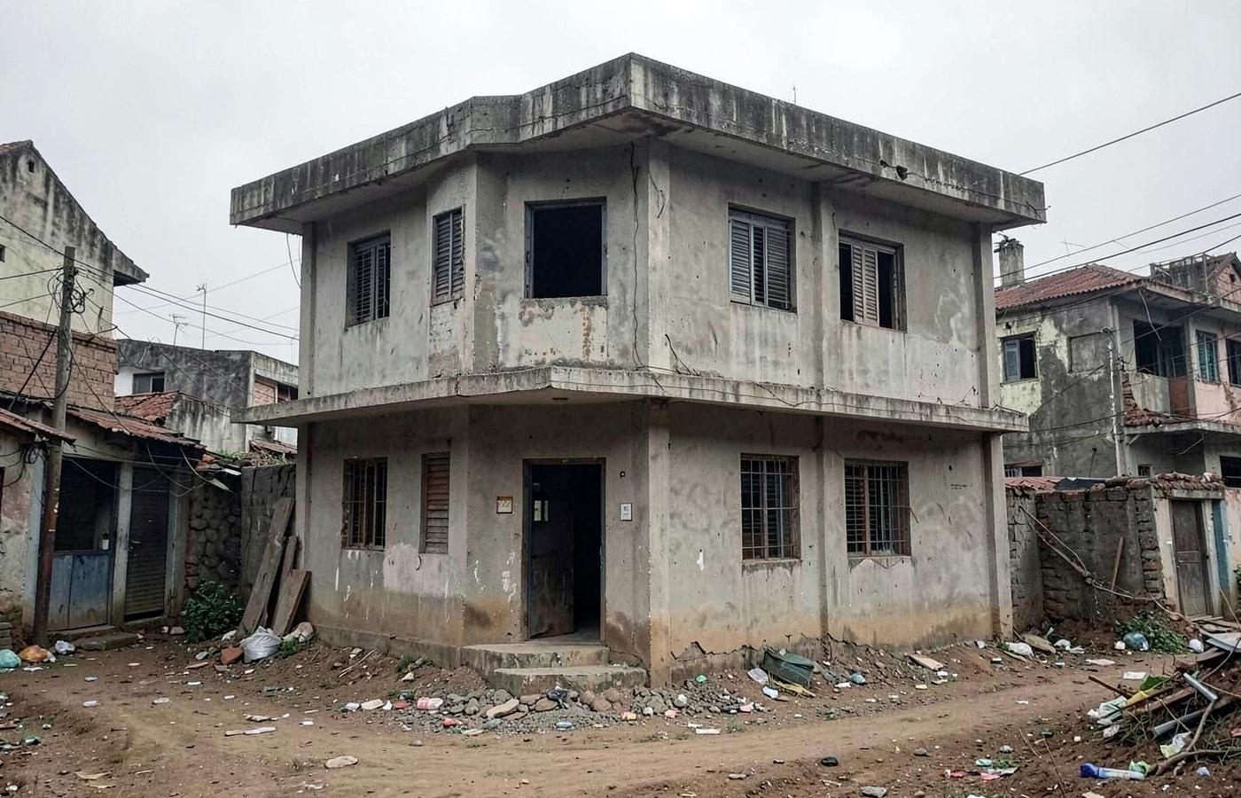 Old two-storey concrete house standing intact on an urban plot before demolition