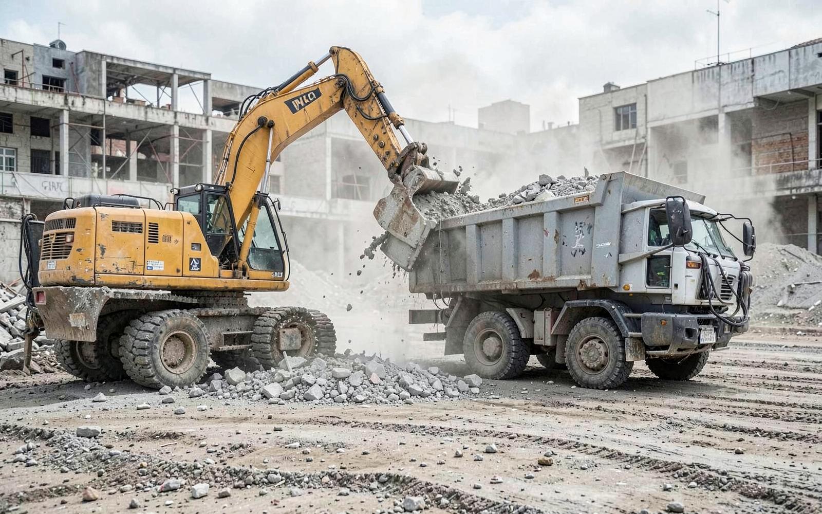 Commercial Demolition in Bangalore — Excavator loading concrete demolition debris into a tipper truck on a cleared site