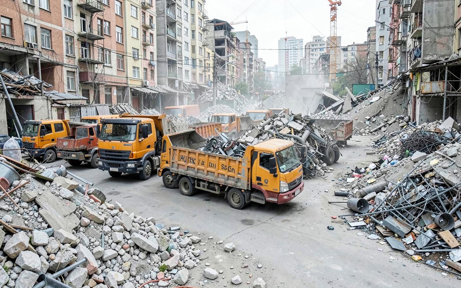 Site Clearing & Debris Removal in Bangalore — Tipper trucks queued to haul sorted concrete debris and steel scrap away from a demolition site