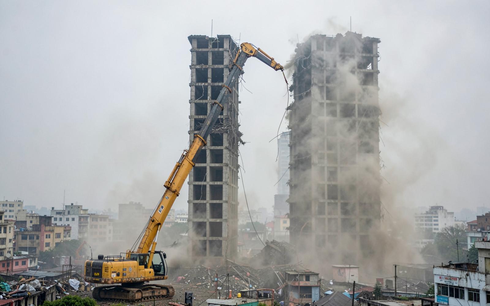 Complete Building Demolition in Bangalore — High-reach excavator with a long boom dismantling a tall concrete tower block above a city skyline