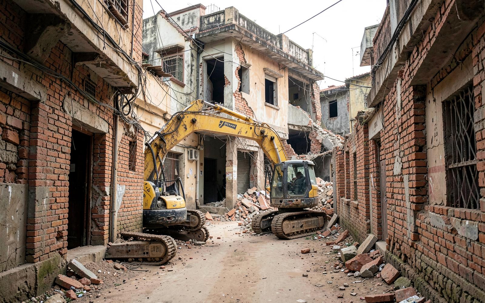 Residential Demolition in Bangalore — Compact excavator demolishing an old independent house on a narrow city street