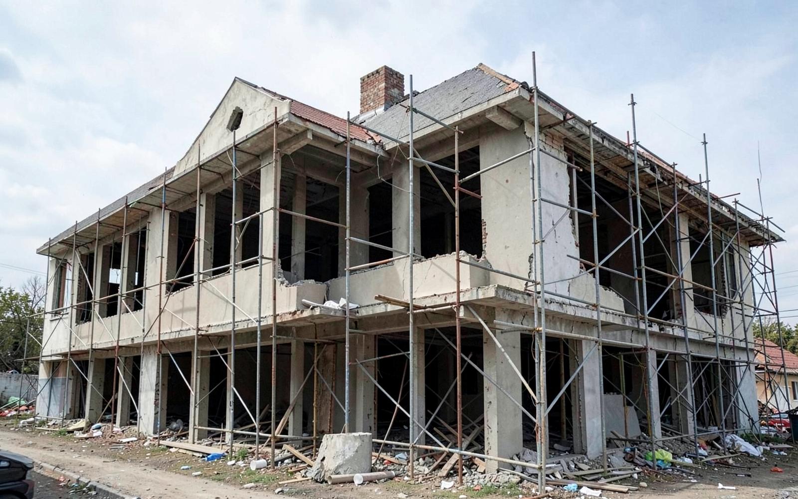 Partial / Selective Demolition in Bangalore — Partial demolition of one wing of a building with the remaining structure propped and scaffolded