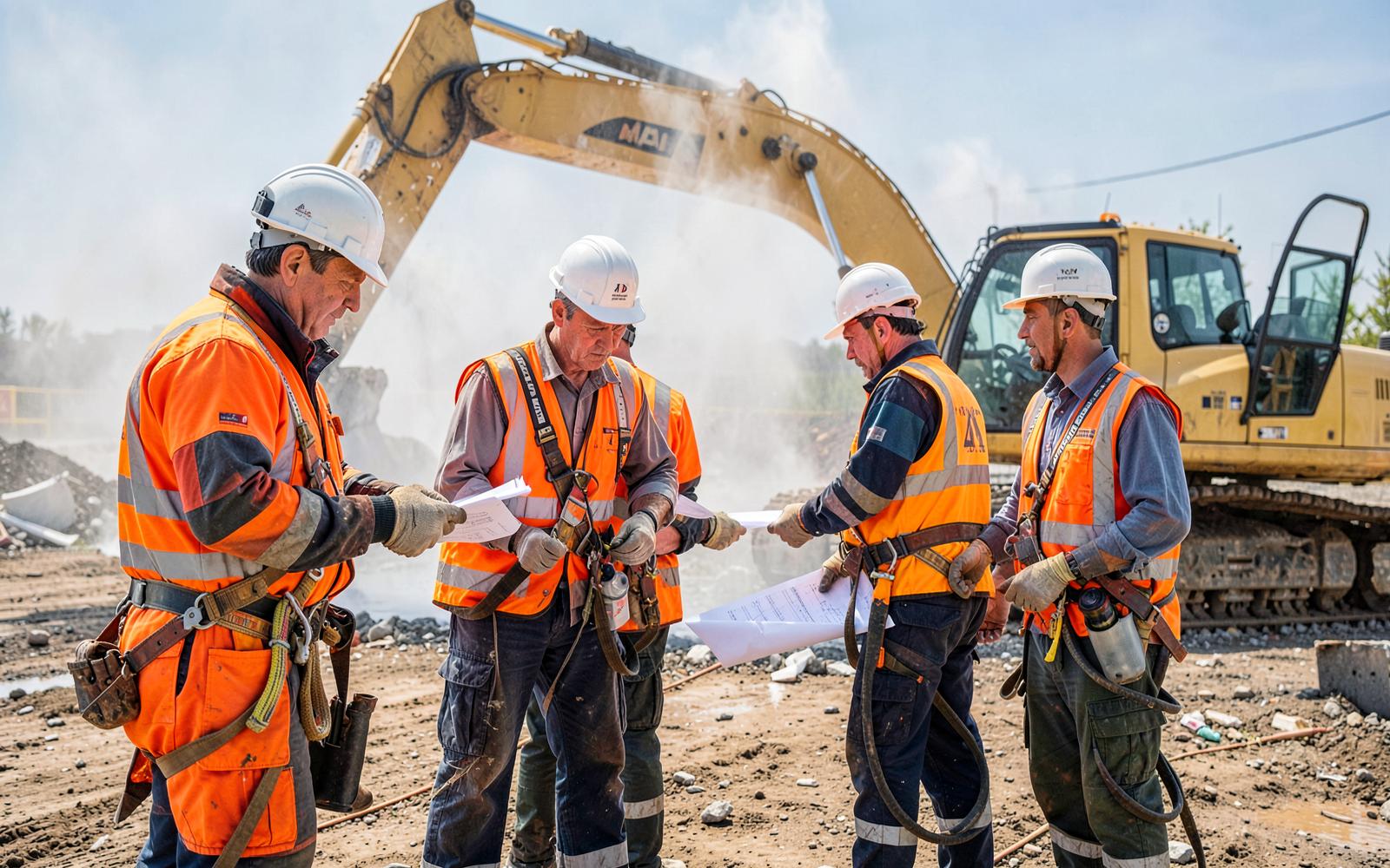Demolition site team in high-visibility vests and hard hats reviewing plans beside an excavator
